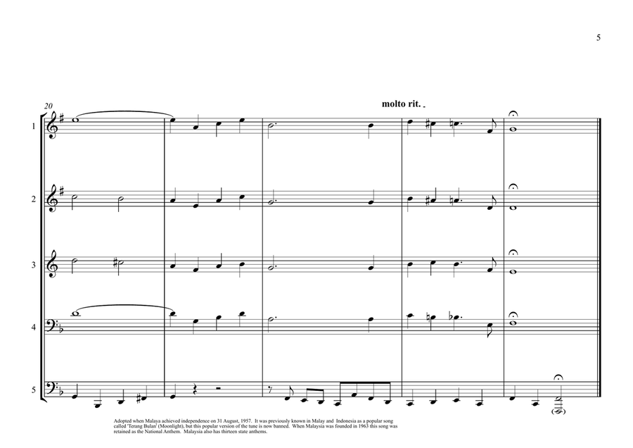 Malaysian National Anthem for Brass Quintet (World National Anthem Series) Brass Quintet scores gallery preview page 5