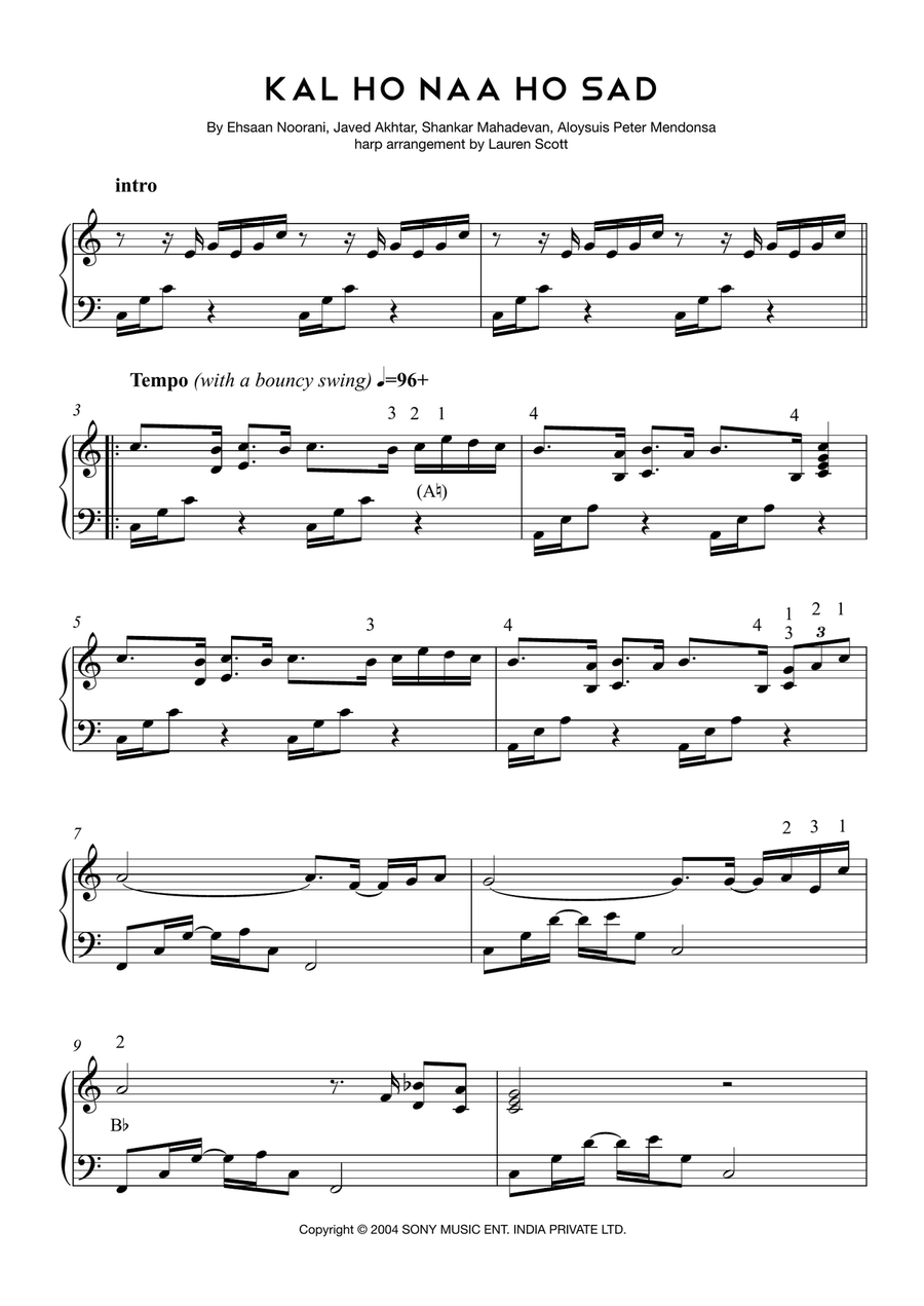 Kal Ho Naa Ho Sad Harp scores gallery preview page 1