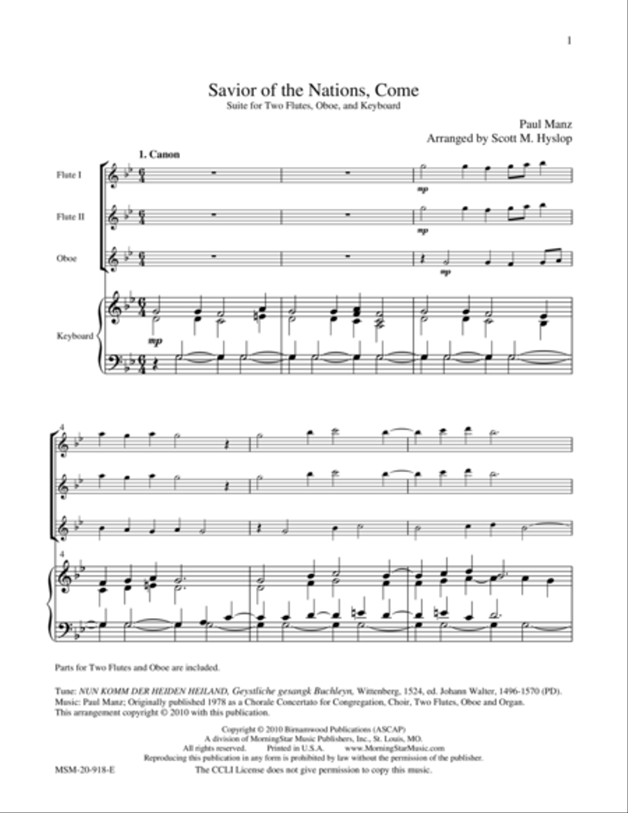Savior of the Nations, Come Flute scores gallery preview page 1