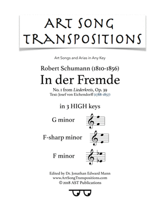 Book cover for SCHUMANN: In der Fremde, Op. 39 no. 1 (in 3 high keys: G, F-sharp, F minor)