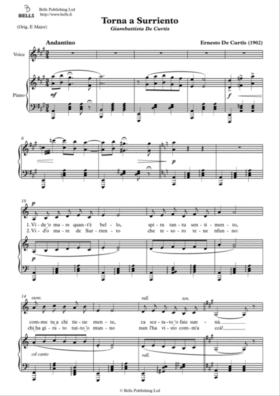 Torna a Surriento (A Major) Voice Solo scores gallery preview page 1