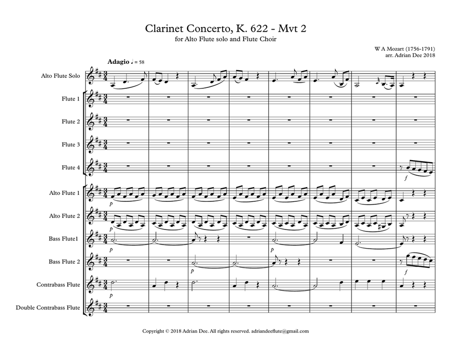 Adagio from Clarinet Concerto, K.622 Flute Choir scores gallery preview page 3