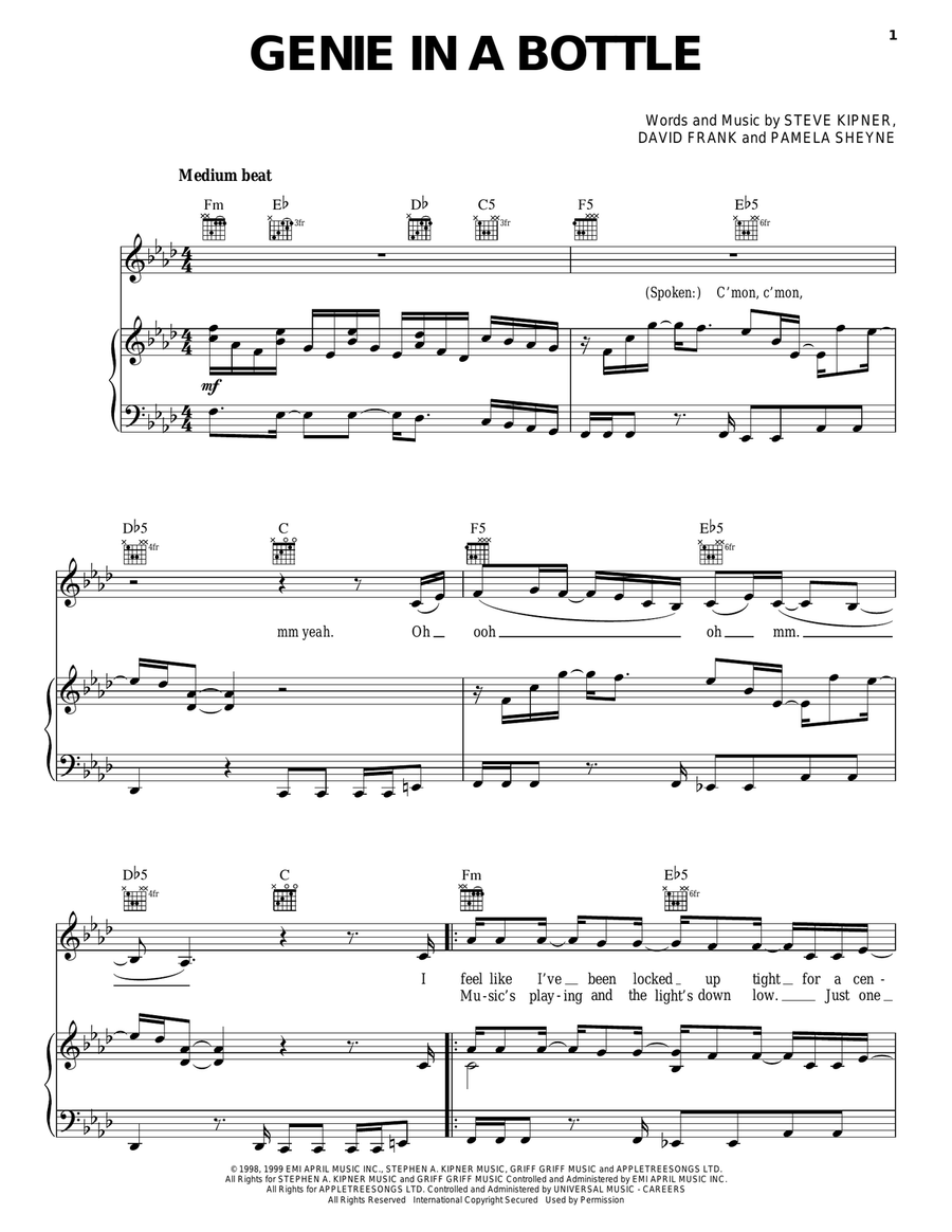 Genie In A Bottle Piano, Vocal, Guitar scores gallery preview page 1