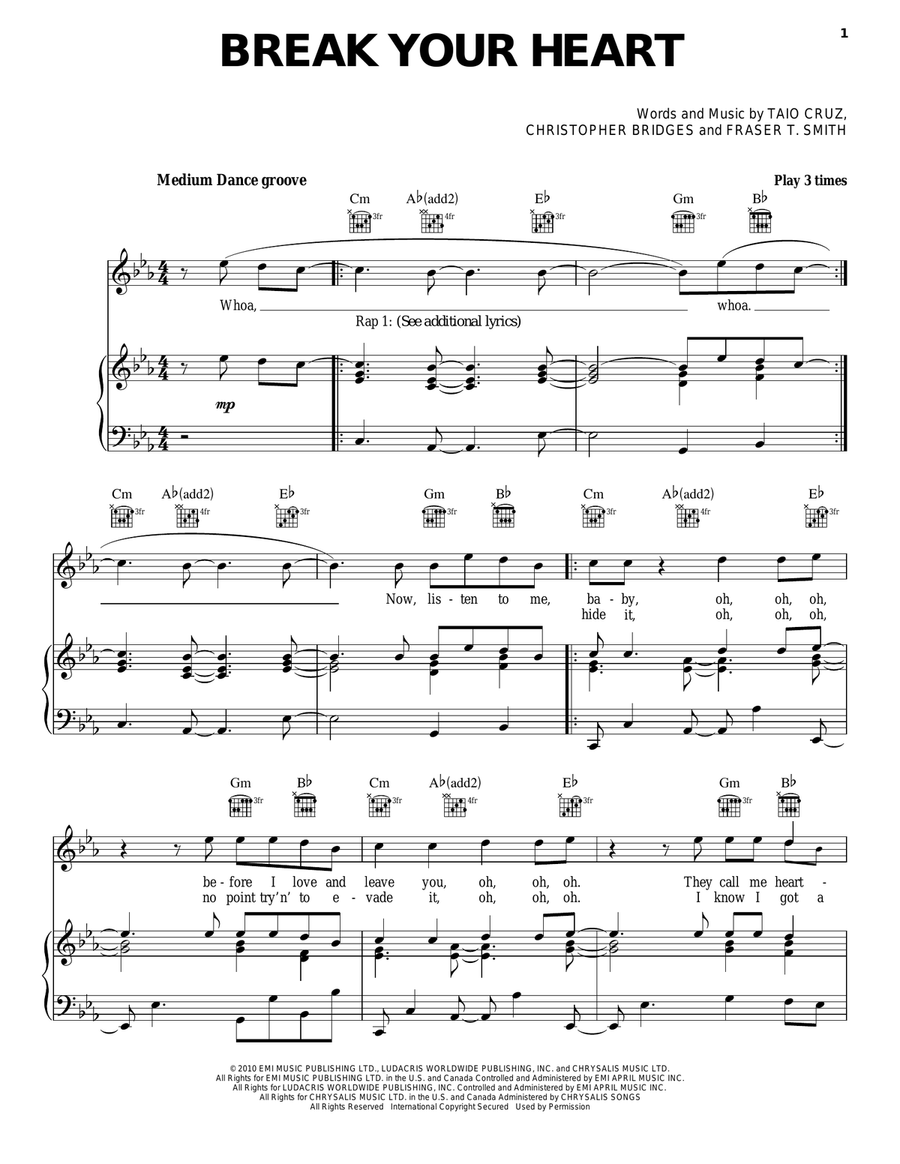 Break Your Heart Break Your Heart Piano, Vocal, Guitar scores gallery preview page 1