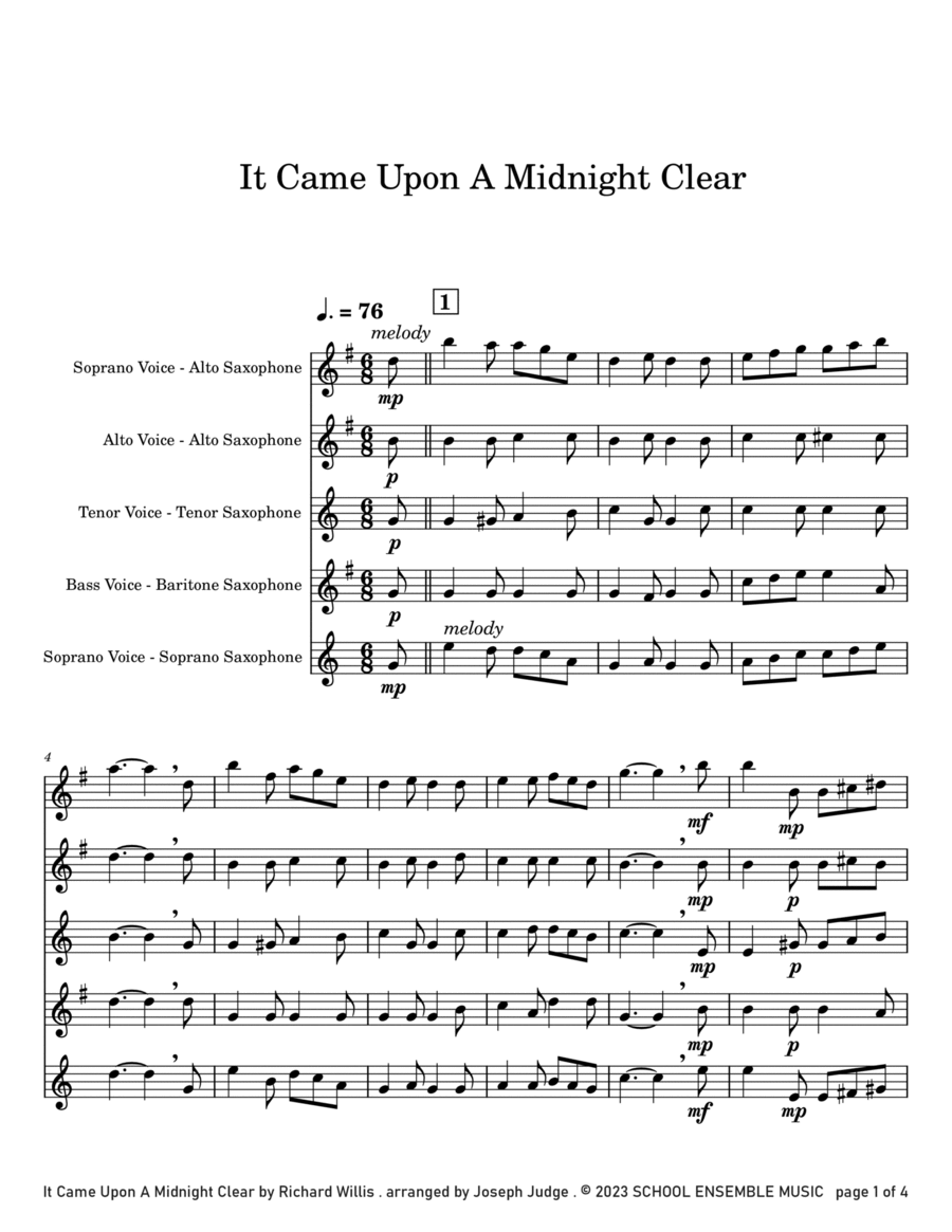 It Came Upon A Midnight Clear for Saxophone Quartet in Schools Saxophone Quartet scores gallery preview page 1