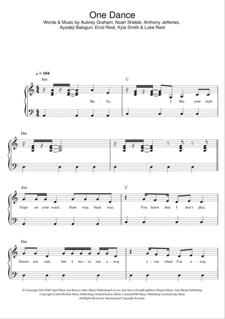 One Dance (featuring Wizkid and Kyla) Easy Piano scores gallery preview page 1