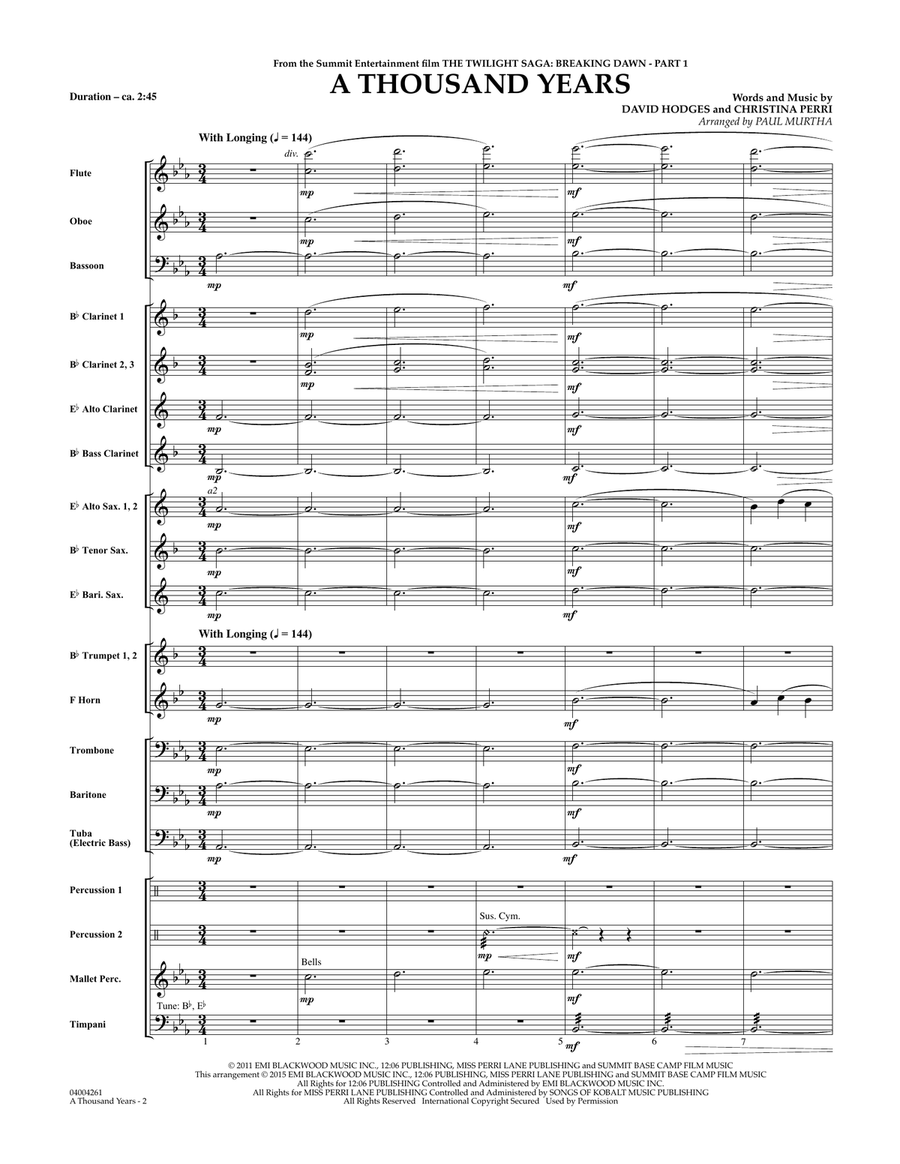 A Thousand Years (from The Twilight Saga: Breaking Dawn, Pt 1) - Conductor Score (Full Score) Concert Band scores gallery preview page 2