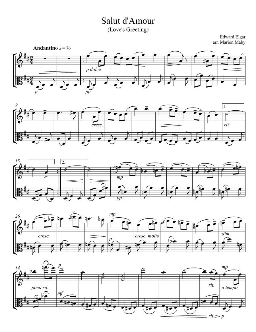 Salut d'Amour for violin and viola duet Salut d'Amour for violin and viola duet String Duet scores gallery preview page 1