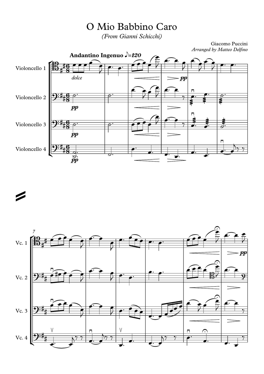 O Mio Babbino Caro (Cello Quartet) Chamber Orchestra scores gallery preview page 1