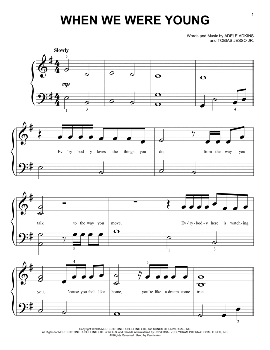 When We Were Young Easy Piano scores gallery preview page 1