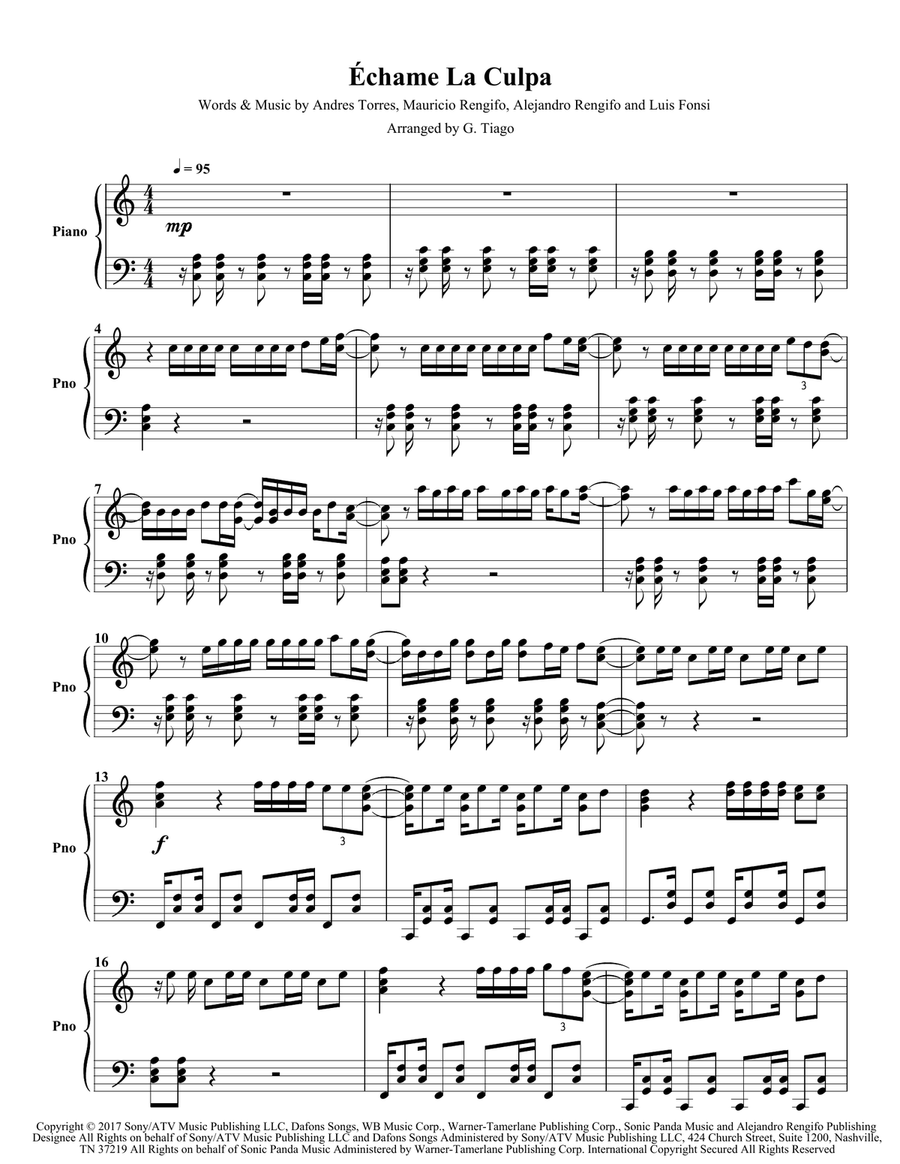 Echame La Culpa Piano Solo scores gallery preview page 1