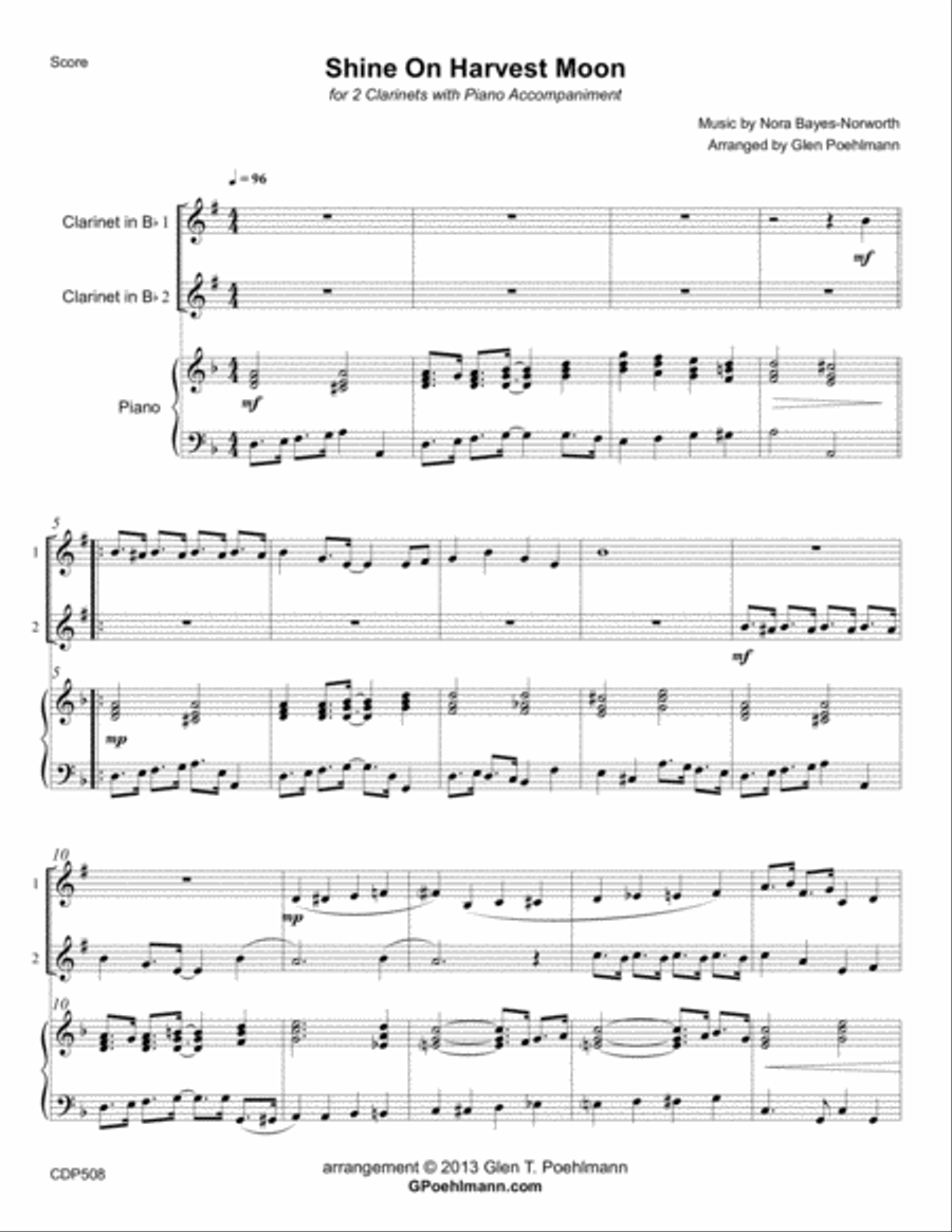 SHINE ON HARVEST MOON - CLARINET DUET with Piano Accompaniment Clarinet Duet scores gallery preview page 1