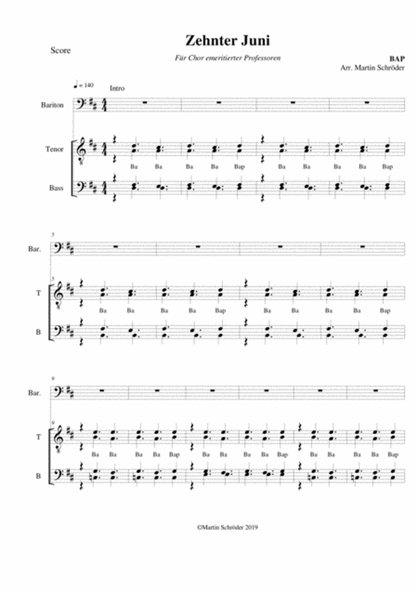 Zehnter Juni (BAP) (TTBB + Bar.) - Arrangement for men's choir and Solo Baritone by Martin Schröder image number null