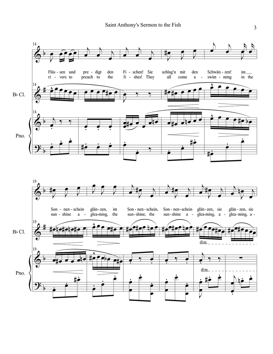 Mahler's Sermon to the Fish -voice, clarinet, piano Small Ensemble scores gallery preview page 3