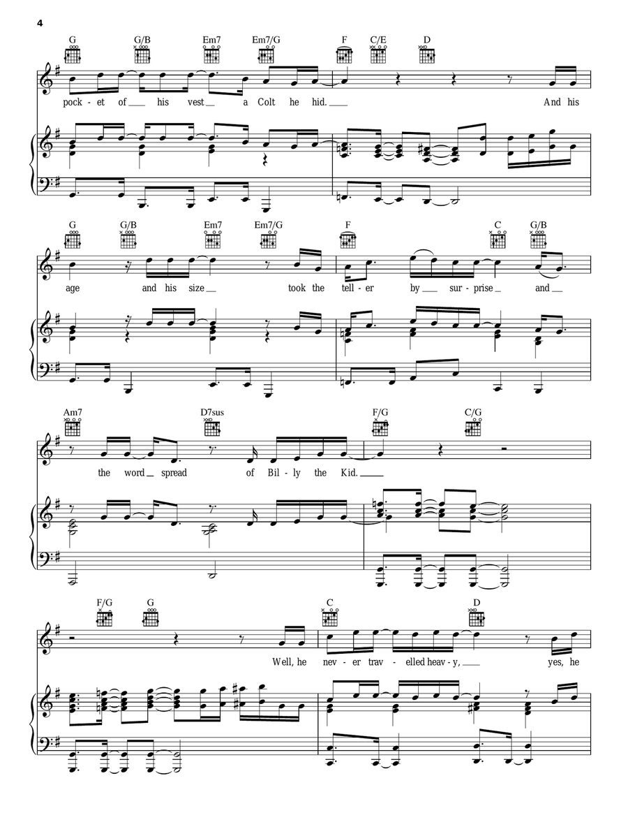 (The) Ballad Of Billy The Kid Piano, Vocal, Guitar scores gallery preview page 4