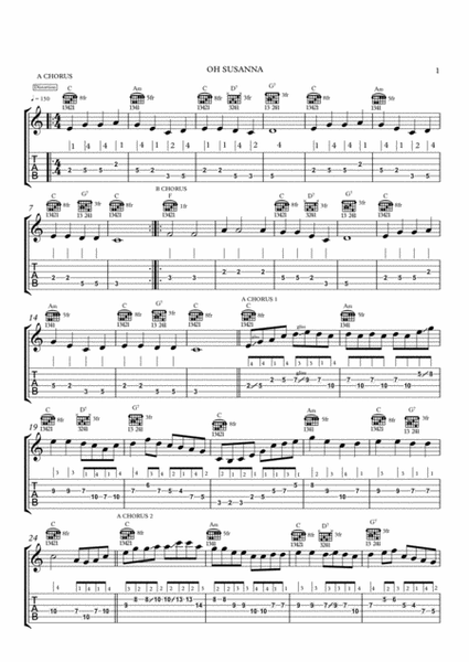 Oh Susanna - American traditional song, arr. for guitar. tab. and notations - 2 pages image number null