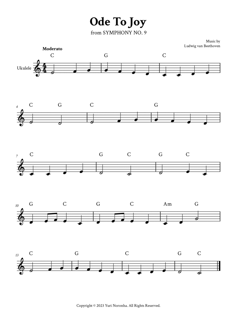 Ode To Joy - For Ukulele (C Major - with Chords) Ukulele scores gallery preview page 1