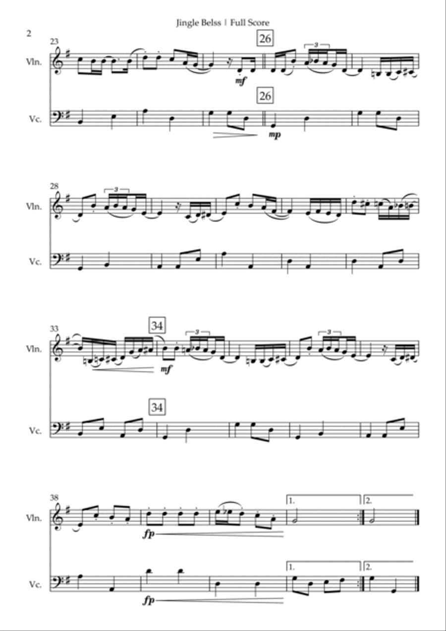 Jingle Bells - Jazz Version (Christmas Song) for Violin & Cello Duo String Duet scores gallery preview page 2