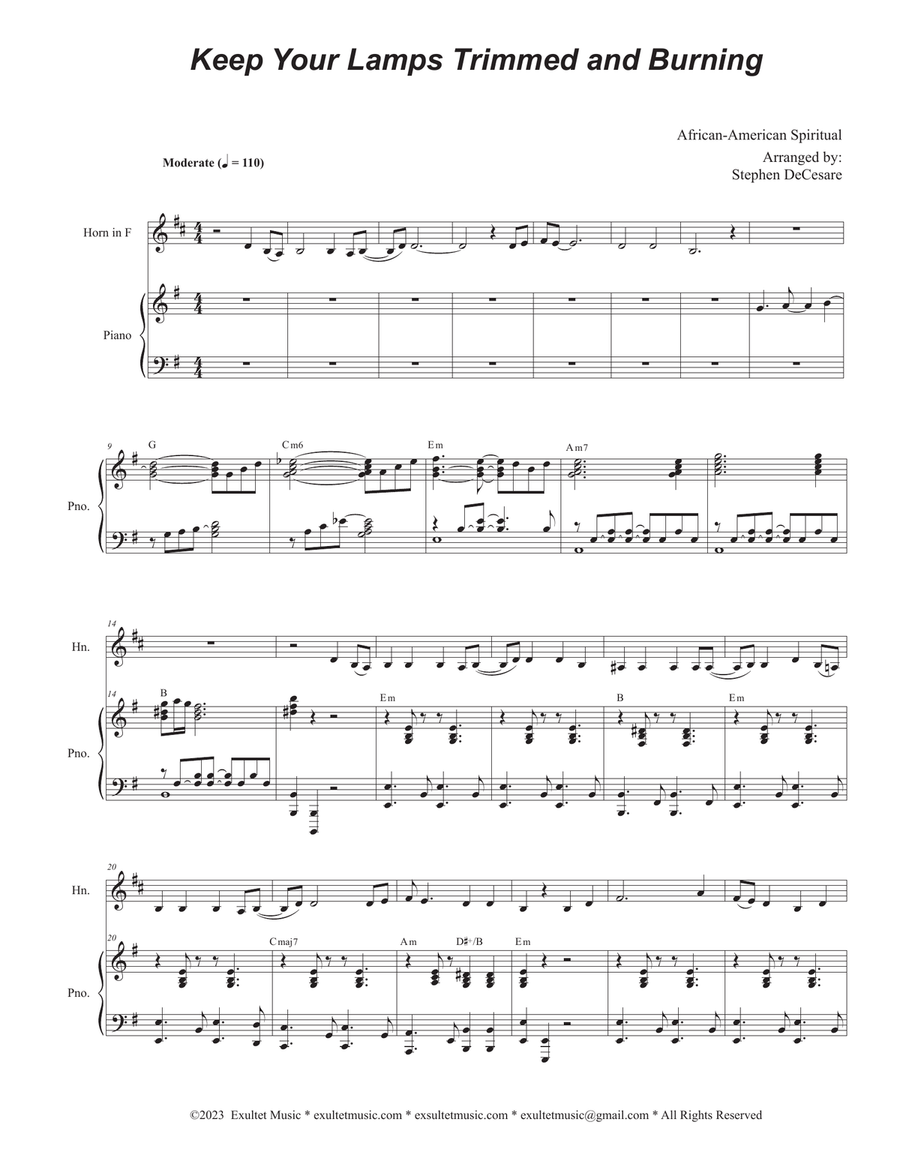 Keep Your Lamps Trimmed And Burning (French Horn solo and Piano) Piano scores gallery preview page 1