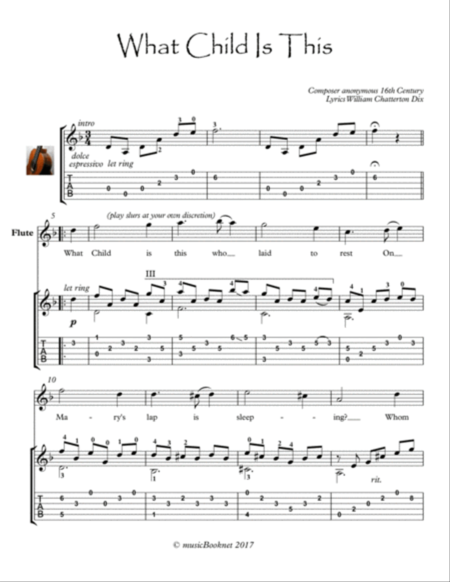 What Child Is This Flute and Guitar duet Flute scores gallery preview page 1