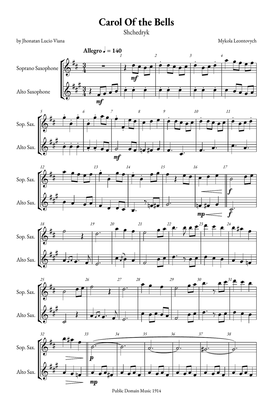 Carol of the Bells Soprano Saxophone scores gallery preview page 1