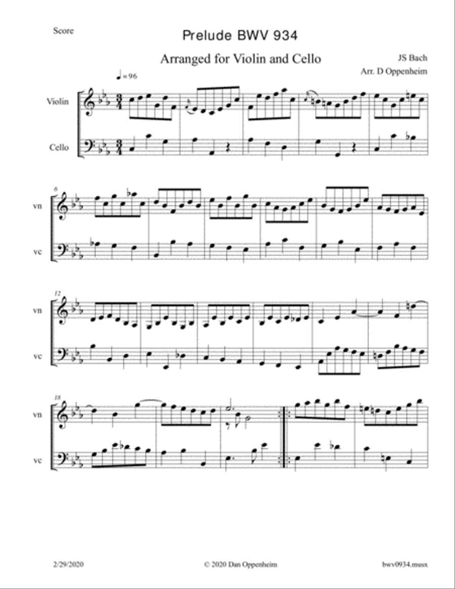 Bach: Prelude in C minor BWV 934 arranged for Violin and Cello String Duet scores gallery preview page 1