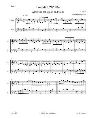 Bach: Prelude in C minor BWV 934 arranged for Violin and Cello