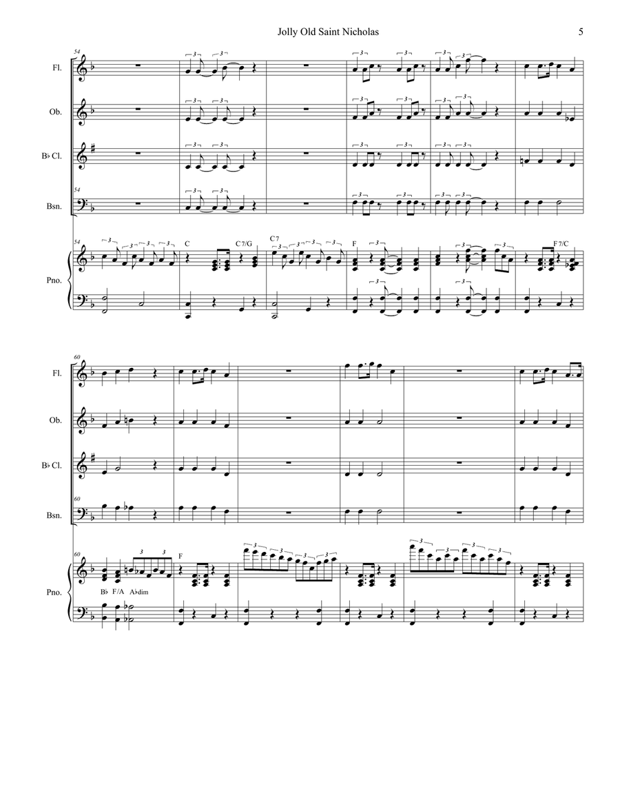 Jolly Old Saint Nicholas with Up On The Housetop (for Woodwind Quartet and Piano) Woodwind Quartet scores gallery preview page 6