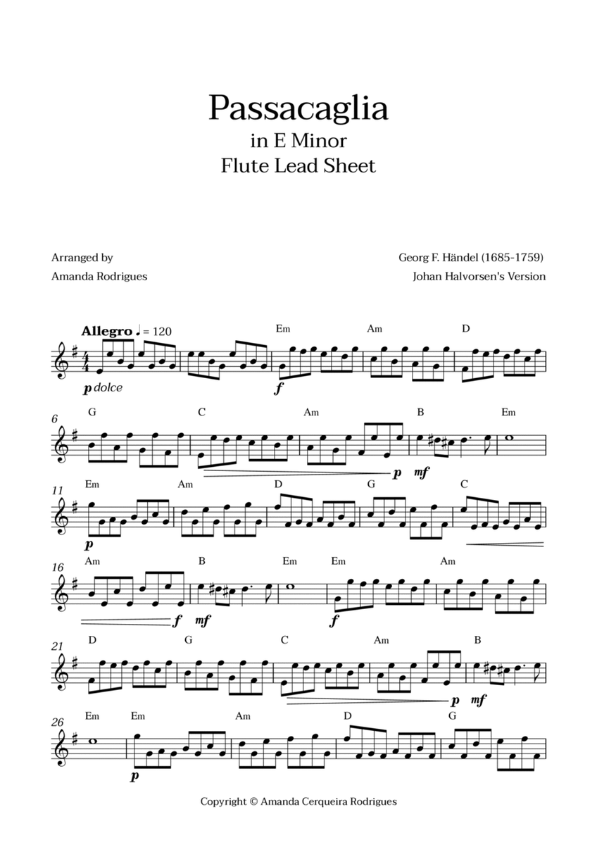 Passacaglia - Easy Flute Lead Sheet in Em Minor (Johan Halvorsen's Version) image number null