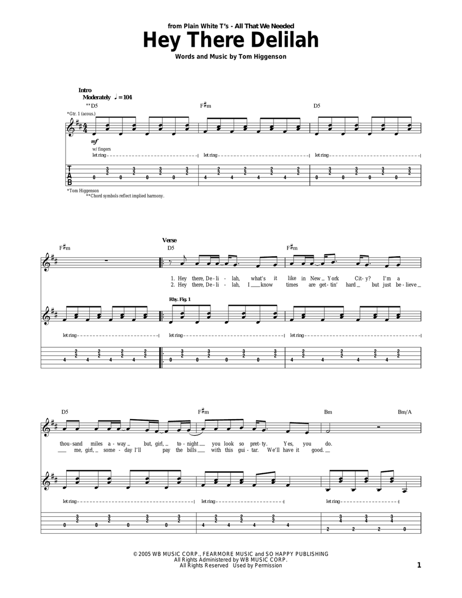 Hey There Delilah Acoustic Guitar scores gallery preview page 1