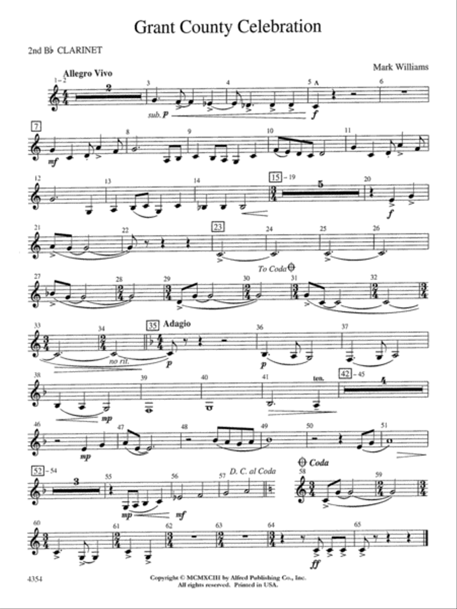 Grant County Celebration: 2nd B-flat Clarinet Concert Band scores gallery preview page 1