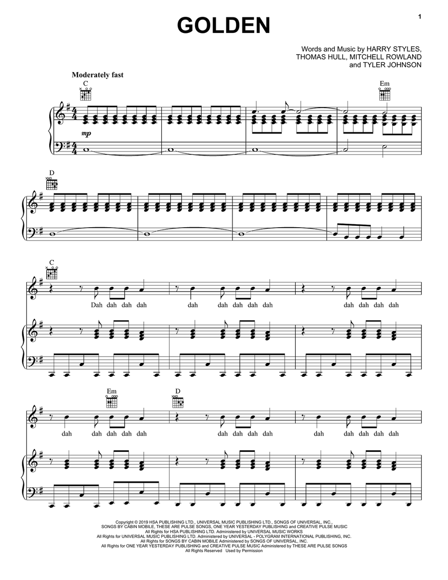 Golden Piano, Vocal, Guitar scores gallery preview page 1