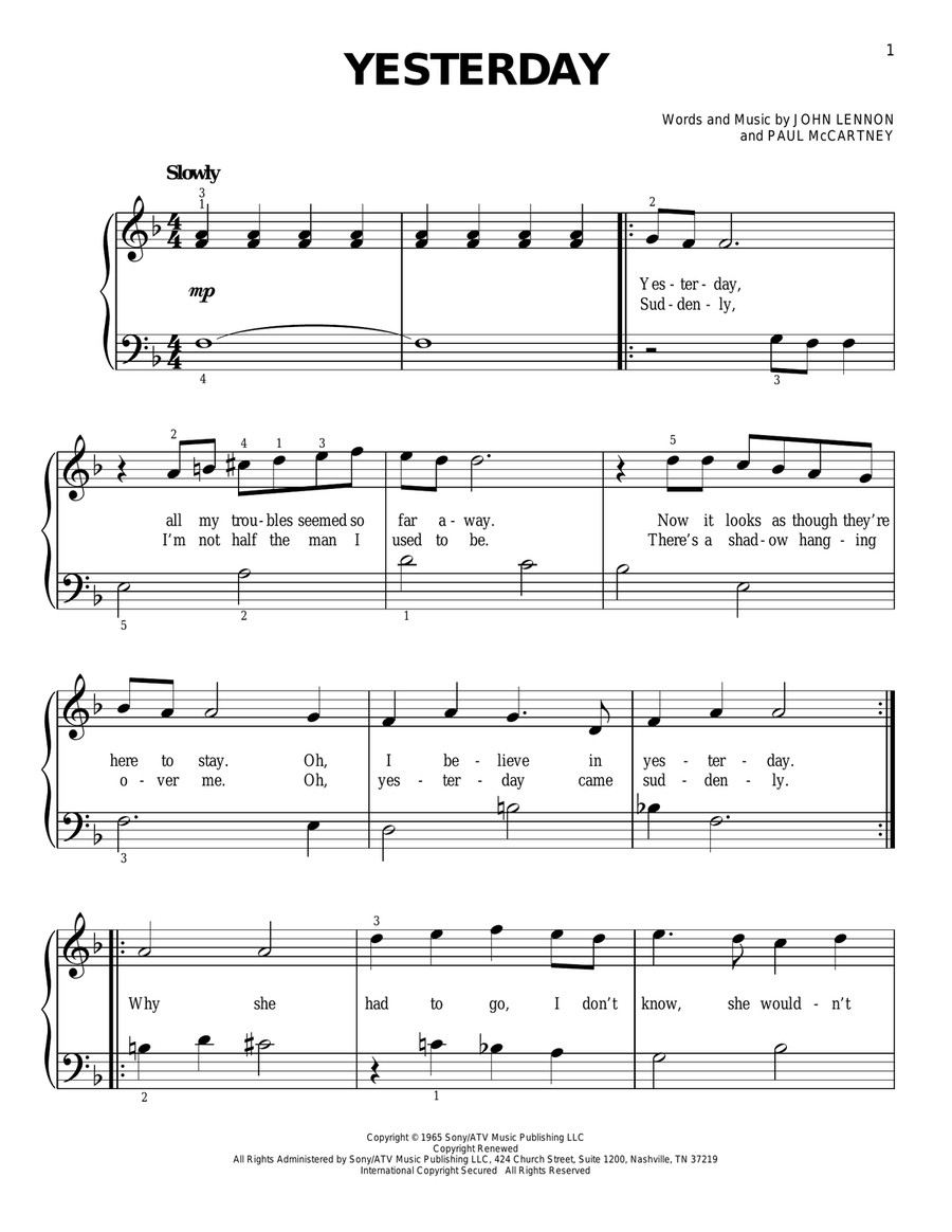 Yesterday Easy Piano scores gallery preview page 1