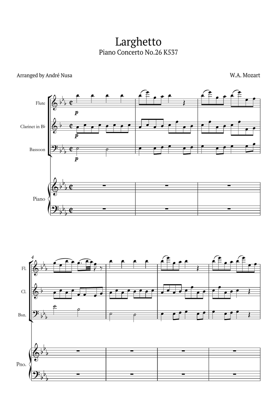 Piano Concerto No.26 Larghetto Small Ensemble scores gallery preview page 1