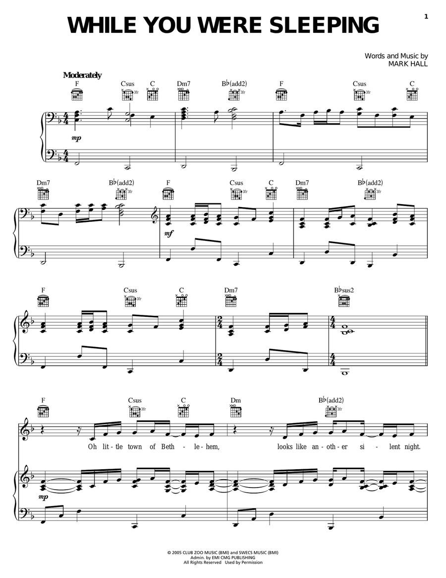While You Were Sleeping Piano, Vocal, Guitar scores gallery preview page 1