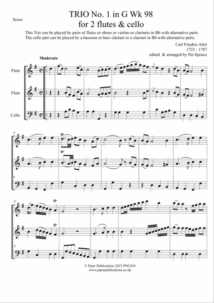 C.F. ABEL TRIO No. 1 in G WK 98 for 2 flutes & cello Small Ensemble scores gallery preview page 3