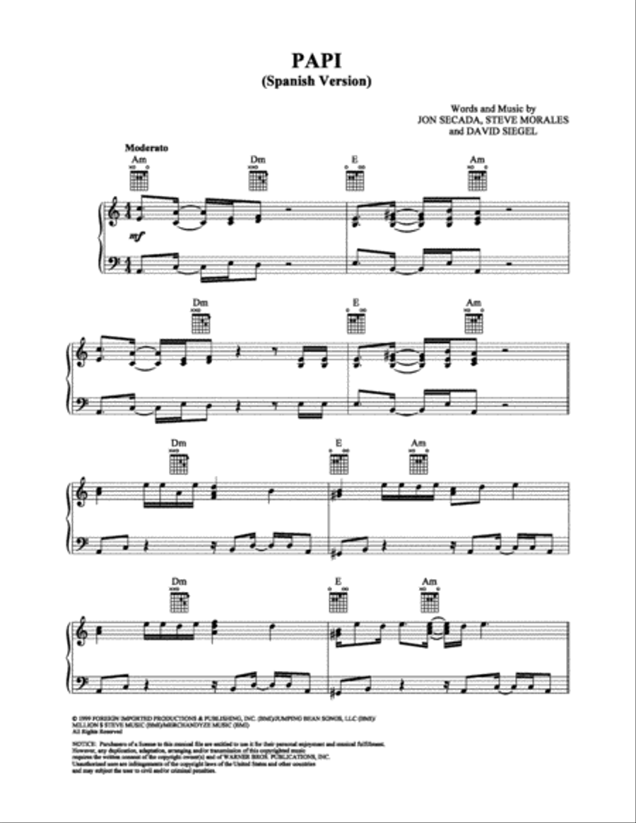 Papi (Spanish Version) Piano, Vocal, Guitar scores gallery preview page 1