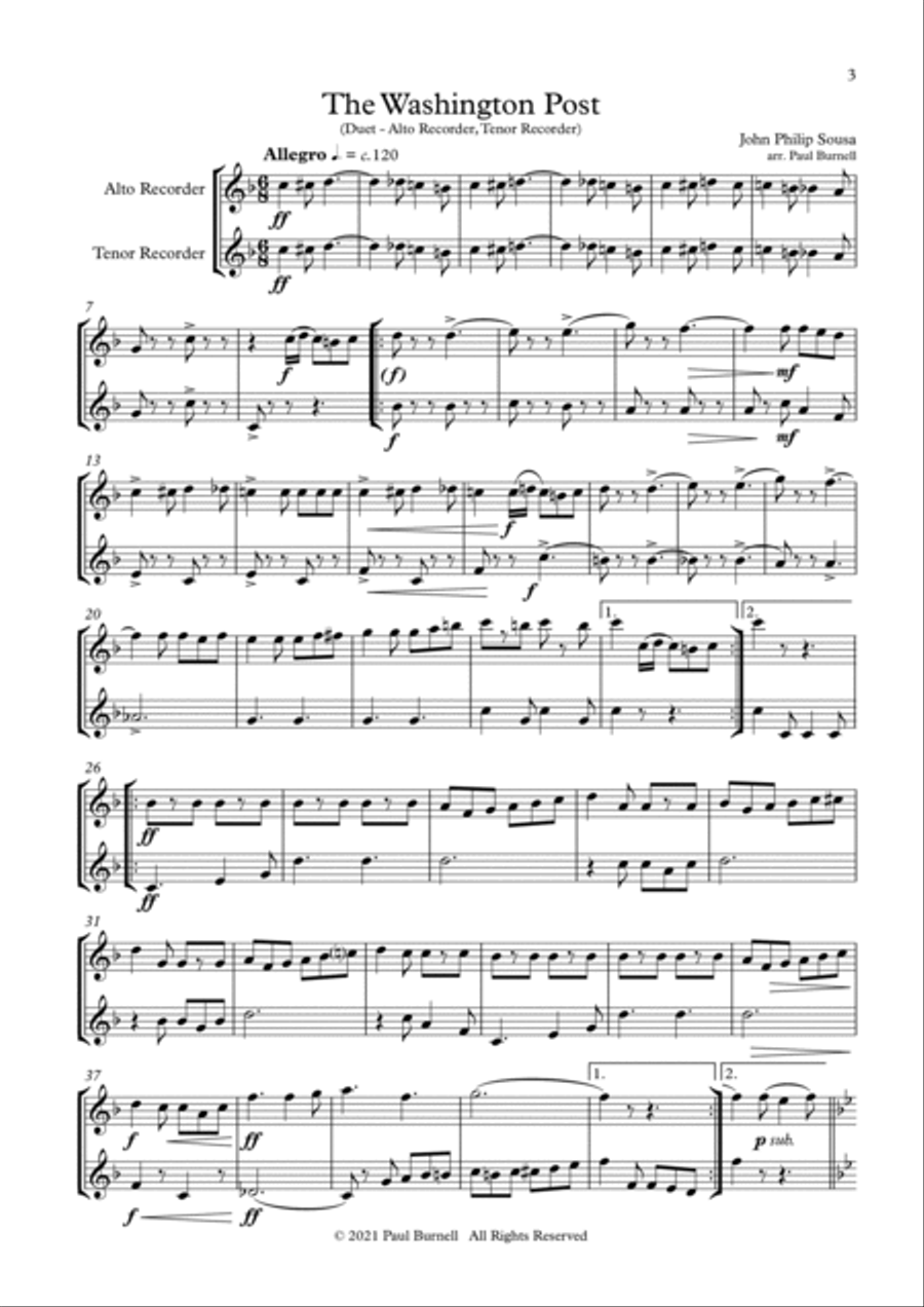 The Washington Post, arranged for duet: Alto and Tenor Recorder Woodwind Duet scores gallery preview page 3
