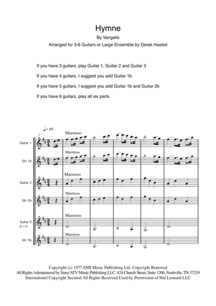 Hymne by Vangelis Guitar Ensemble - Digital Sheet Music