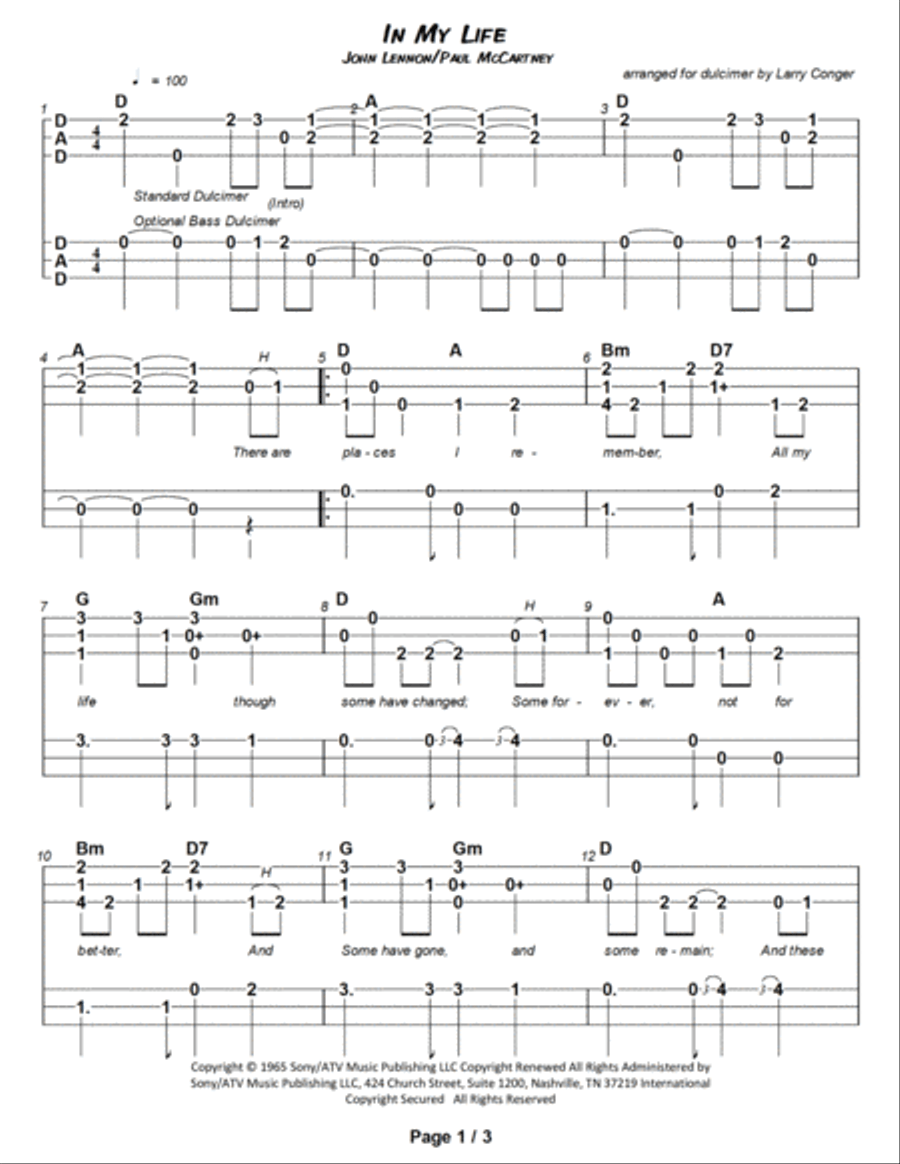 In My Life Dulcimer scores gallery preview page 2