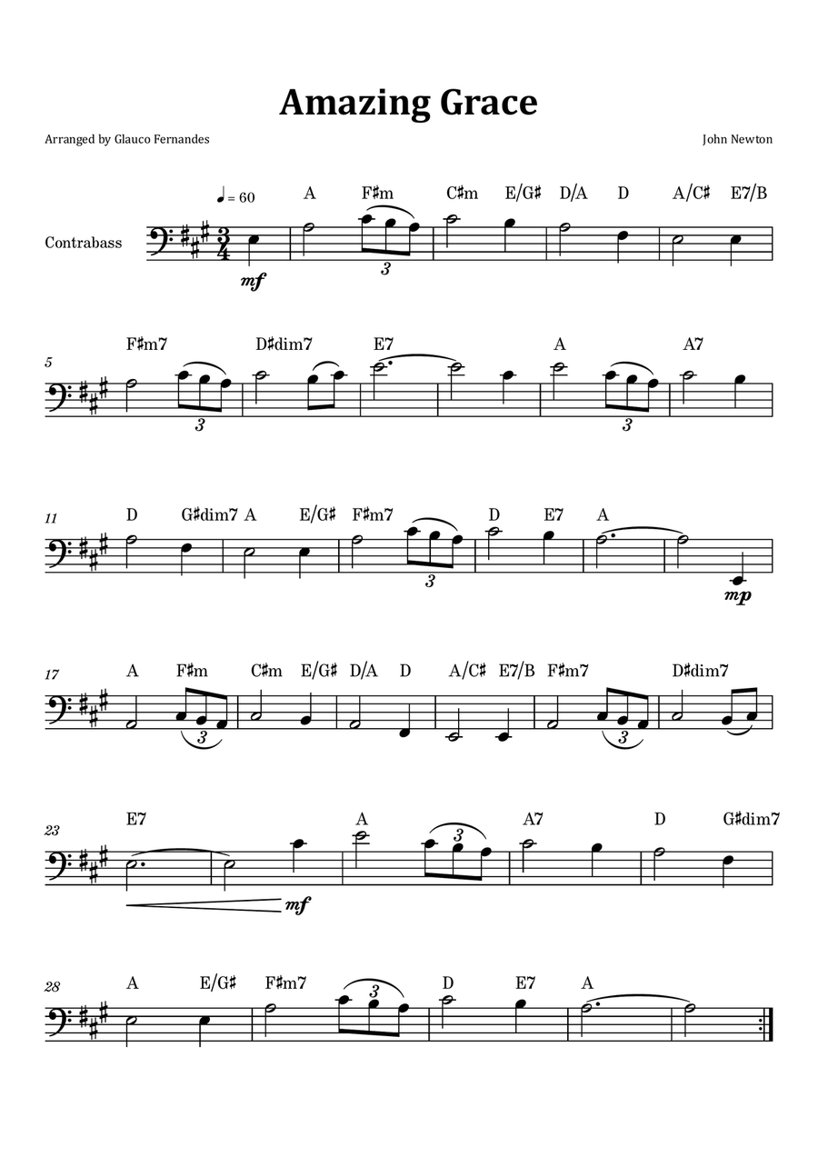 Amazing Grace - Double Bass Solo with Chord Notation Chamber Music scores gallery preview page 1