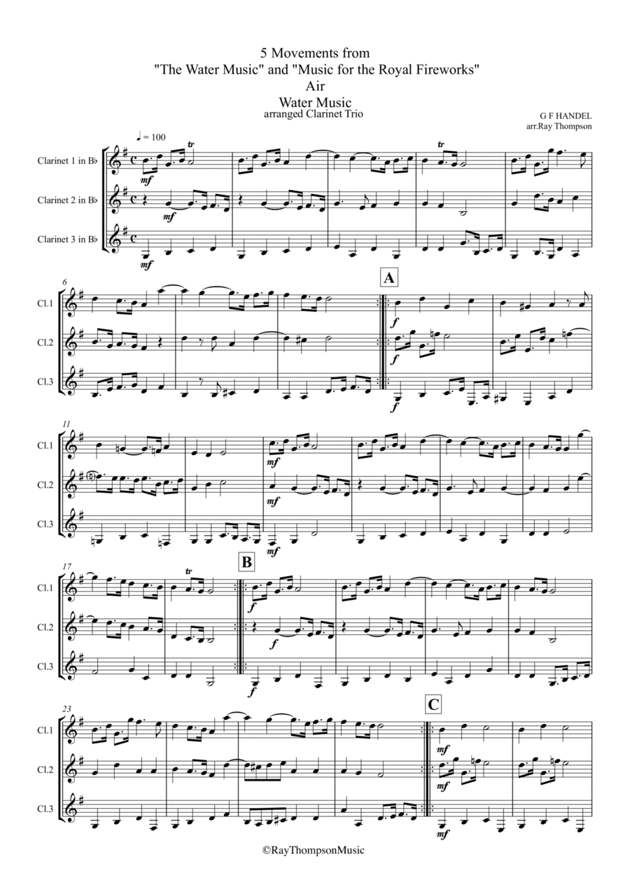 Handel: 5 Movements from the Water Music and Royal Fireworks Music - clarinet trio Clarinet Trio scores gallery preview page 1