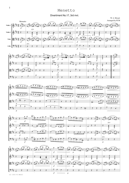 Mozart Menuetto (Divertiment No.17, 3rd mvt.), for string quartet, CM008 image number null