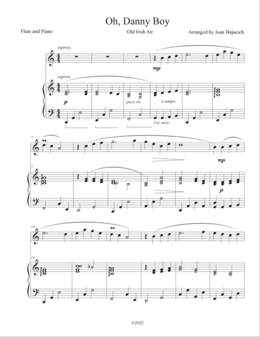 Oh, Danny Boy , Flute and Piano, arranged by Joan Bujacich ( in C ) Flute Solo scores gallery preview page 2