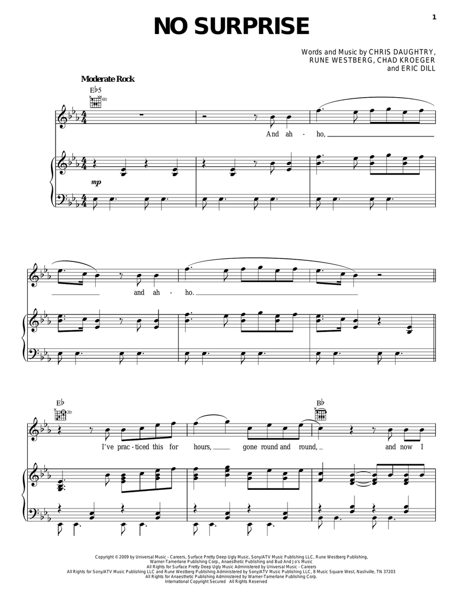 No Surprise Piano, Vocal, Guitar scores gallery preview page 1