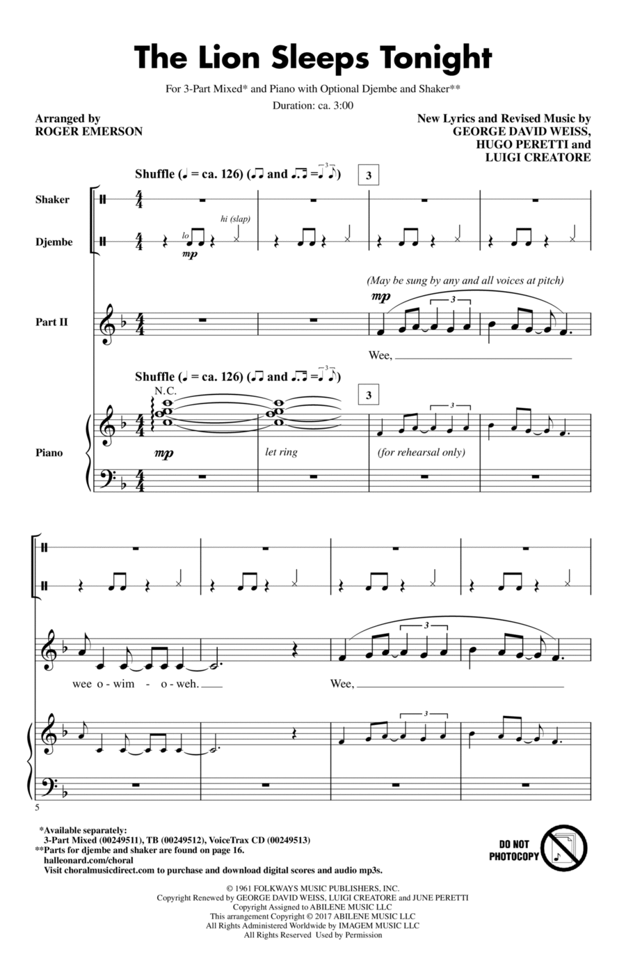 The Lion Sleeps Tonight 3-Part scores gallery preview page 1