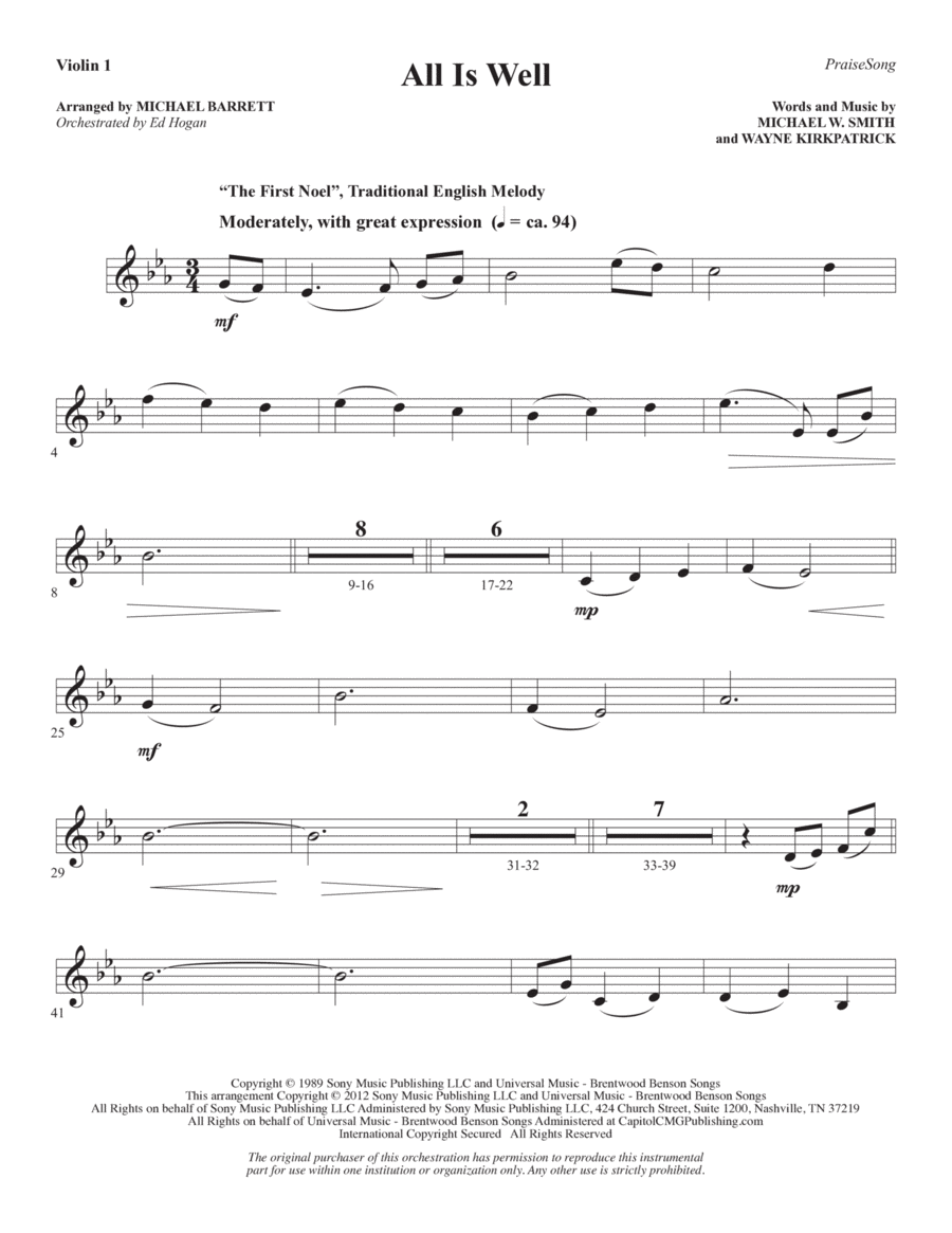 All Is Well (arr. Michael Barrett) - Violin 1 Choir scores gallery preview page 1