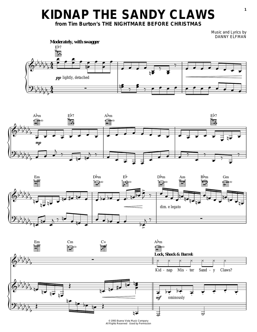 Kidnap The Sandy Claws (from The Nightmare Before Christmas) Piano, Vocal, Guitar scores gallery preview page 1