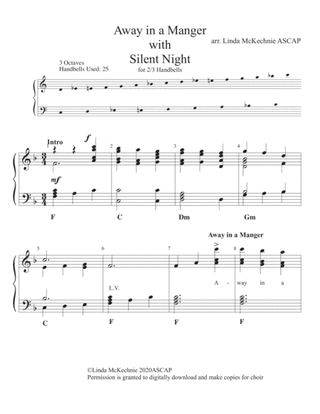 Away in a Manger with Silent night-handbell arrangement for Level 2 (easy) 2 or 3 octaves