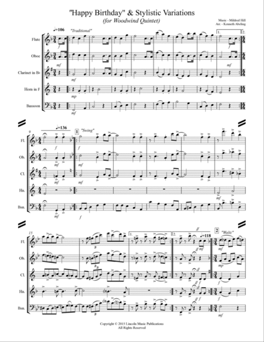 Happy Birthday and Stylistic Variations (for Woodwind Quintet) Woodwind Quintet scores gallery preview page 2